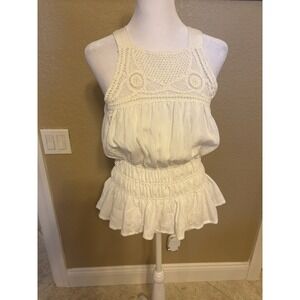 Bunulu Women's White Smocked Peplum Top With Crochet Yoke, Large, Boho
